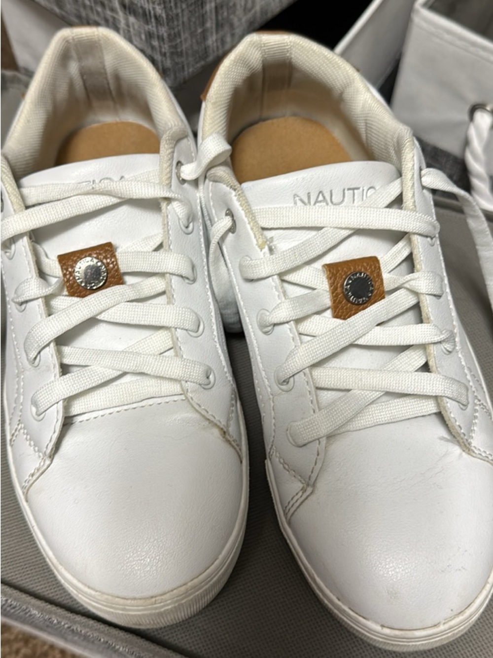 Nautica White Leather Sneakers with Tan Accent Patch